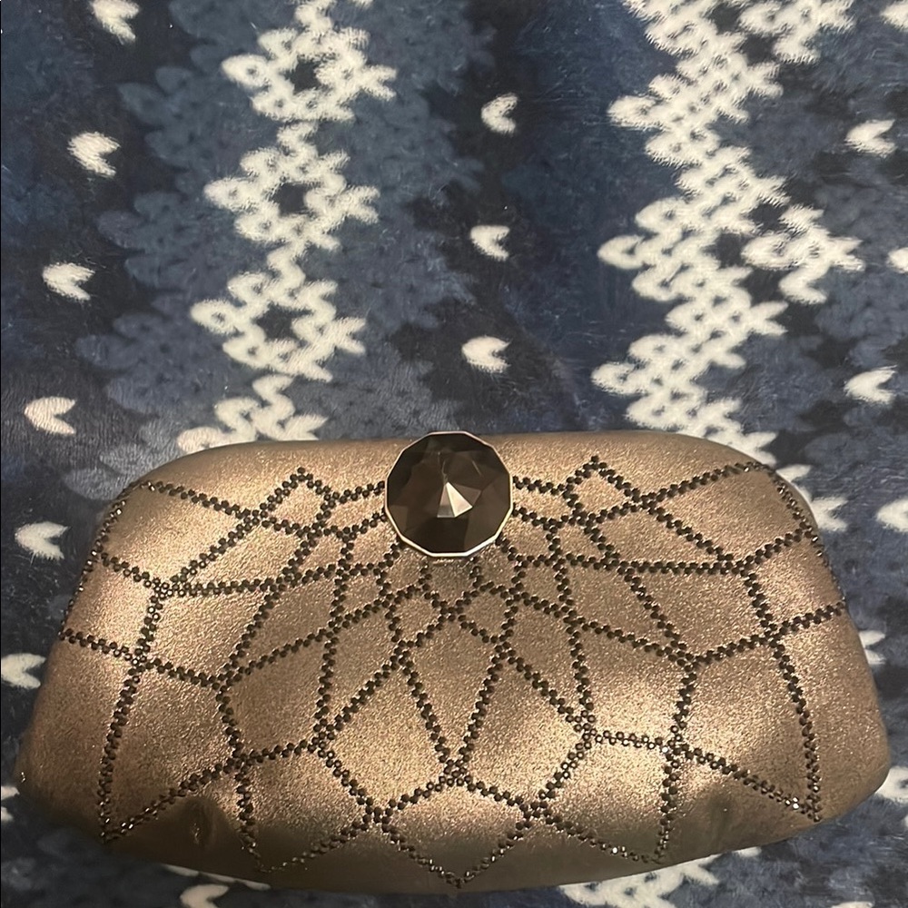 Auth. JUDITH LEIBER Black Crystals Leather Gunmetal Silver Clutch Bag RARE